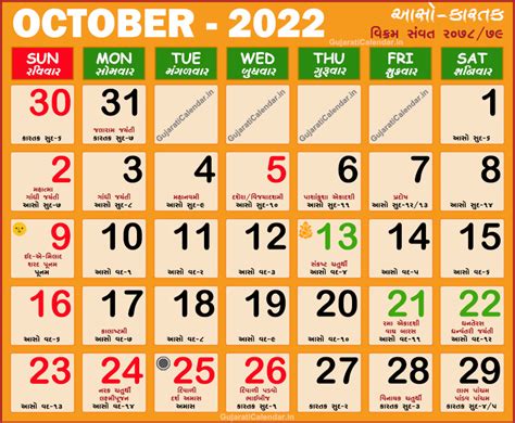Gujarati Calendar October 2022